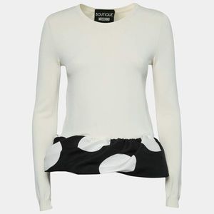Moschino Boutique Cream Stretch Knit Ruffled Hem Top Size US 8 Polka Dots